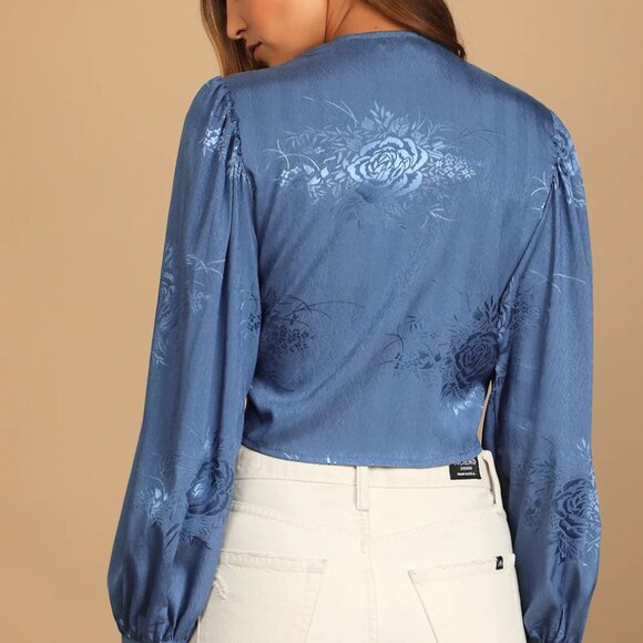 Blue Satin Jacquard Tie-Front Crop Top - Picture 6 of 6